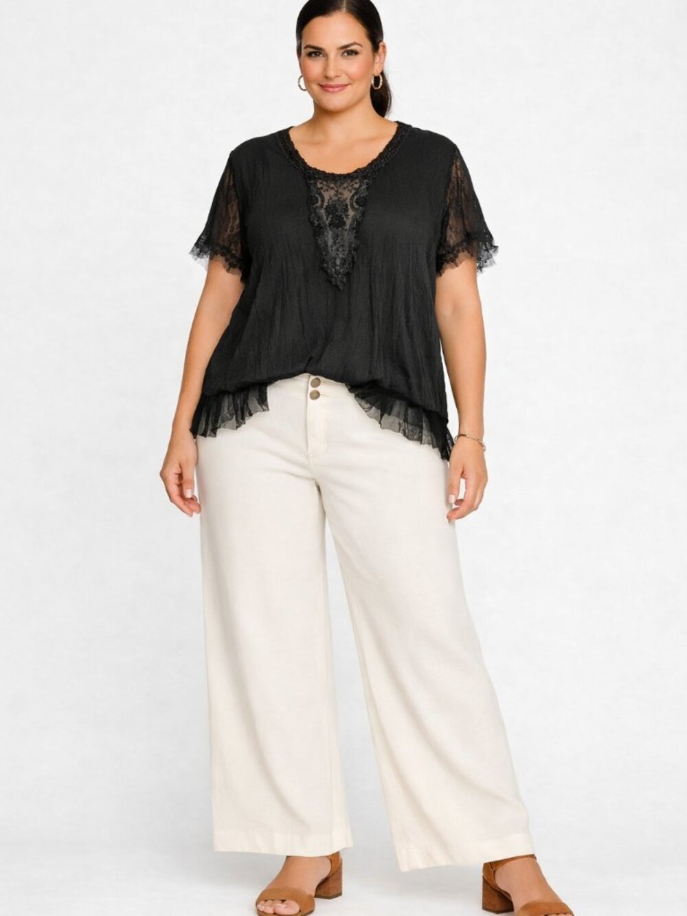 Panitti Romantic Gauzy Black Short Sleeve Blouse with Lace and Tulle Detail 1X